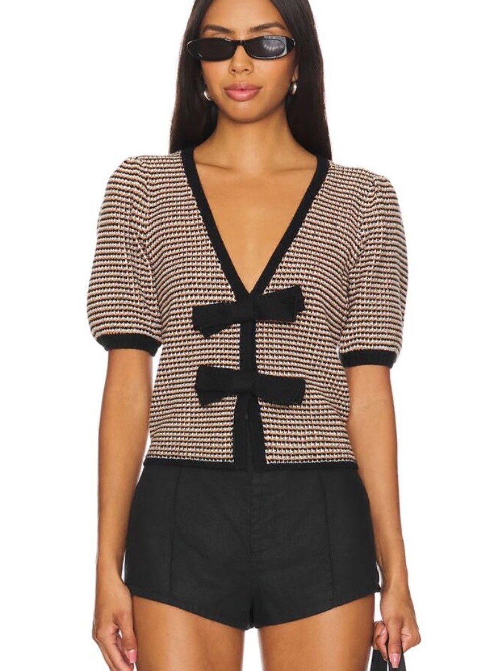 525 America Elaine puff sleeve bow knit short sleeve sweater top